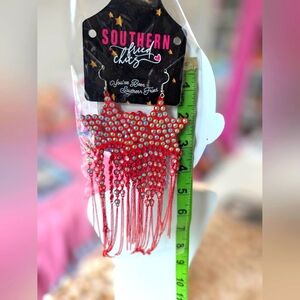 Southern fried chicks rhinestone star fringe earrings. Red. NWT